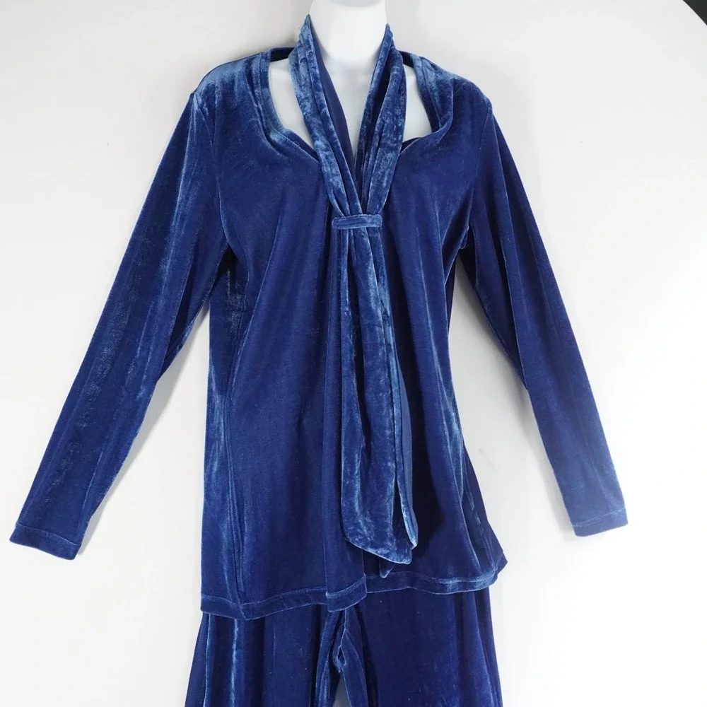 VTG City Hearts Blue Velvet Pant Set Long Sleeve Top‎ Matching Set Mature Party - Picture 2 of 14